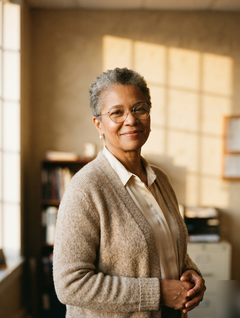 A town clerk in natural light, smiling gently at the camera.
